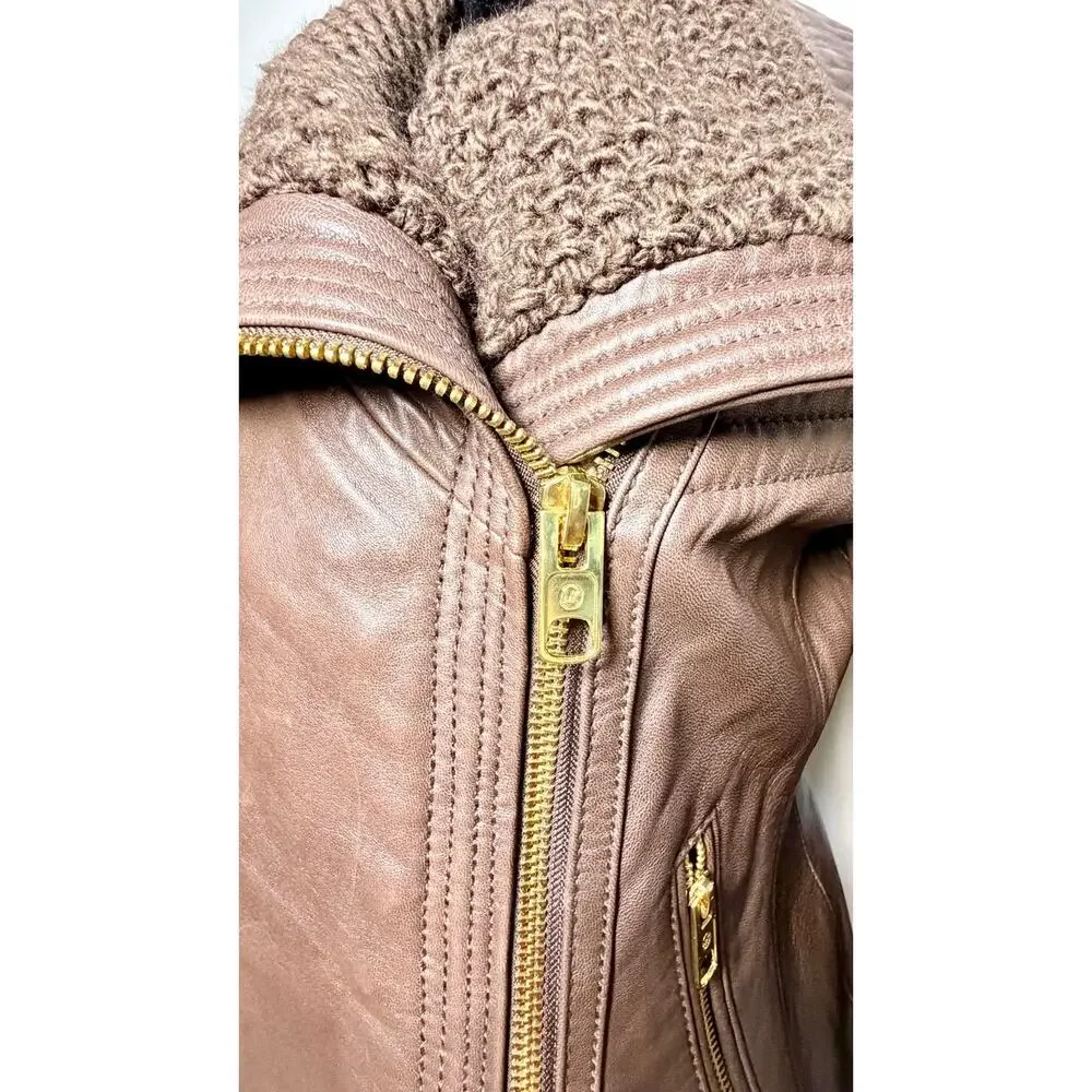 MK Michael Kors Brown Genuine Leather Moto Jacket Asymmetric Zip Knit Coll